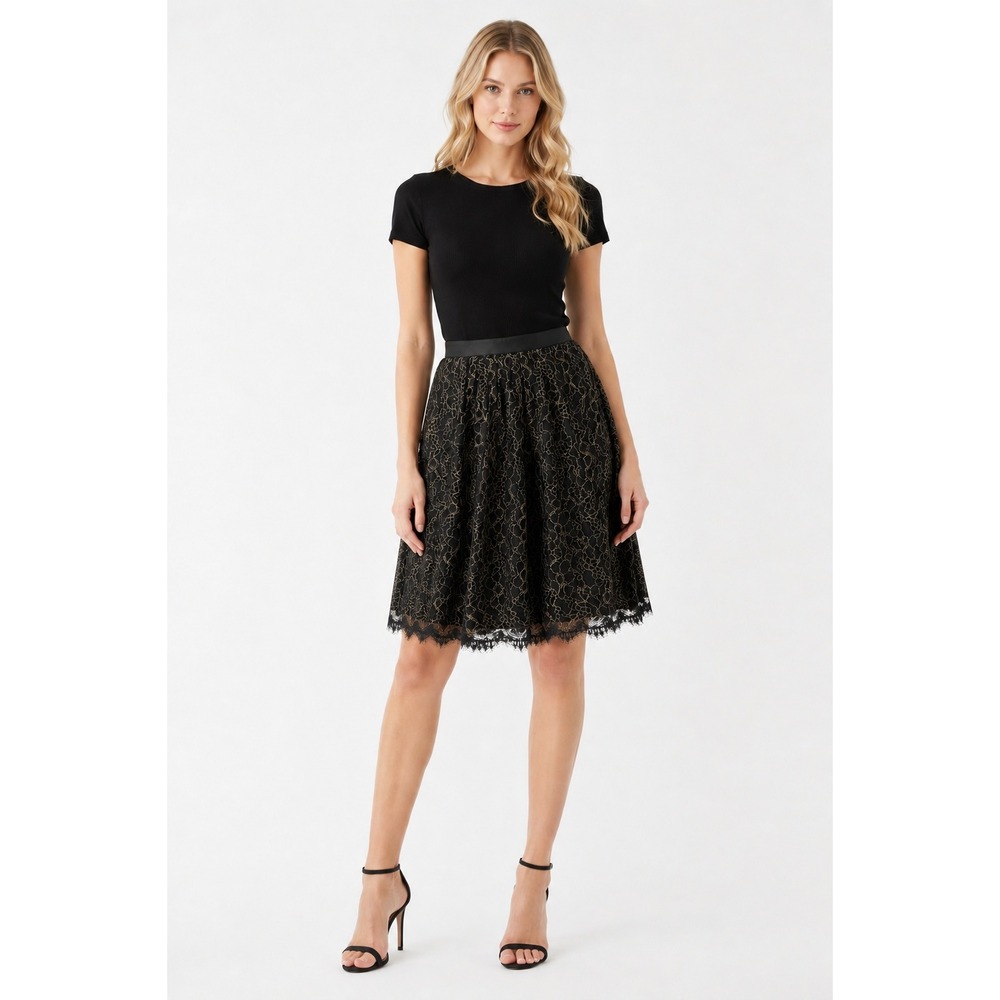 New Boston Proper size 12 Black Lace Metallic Gold Circle Skirt Evening Festival